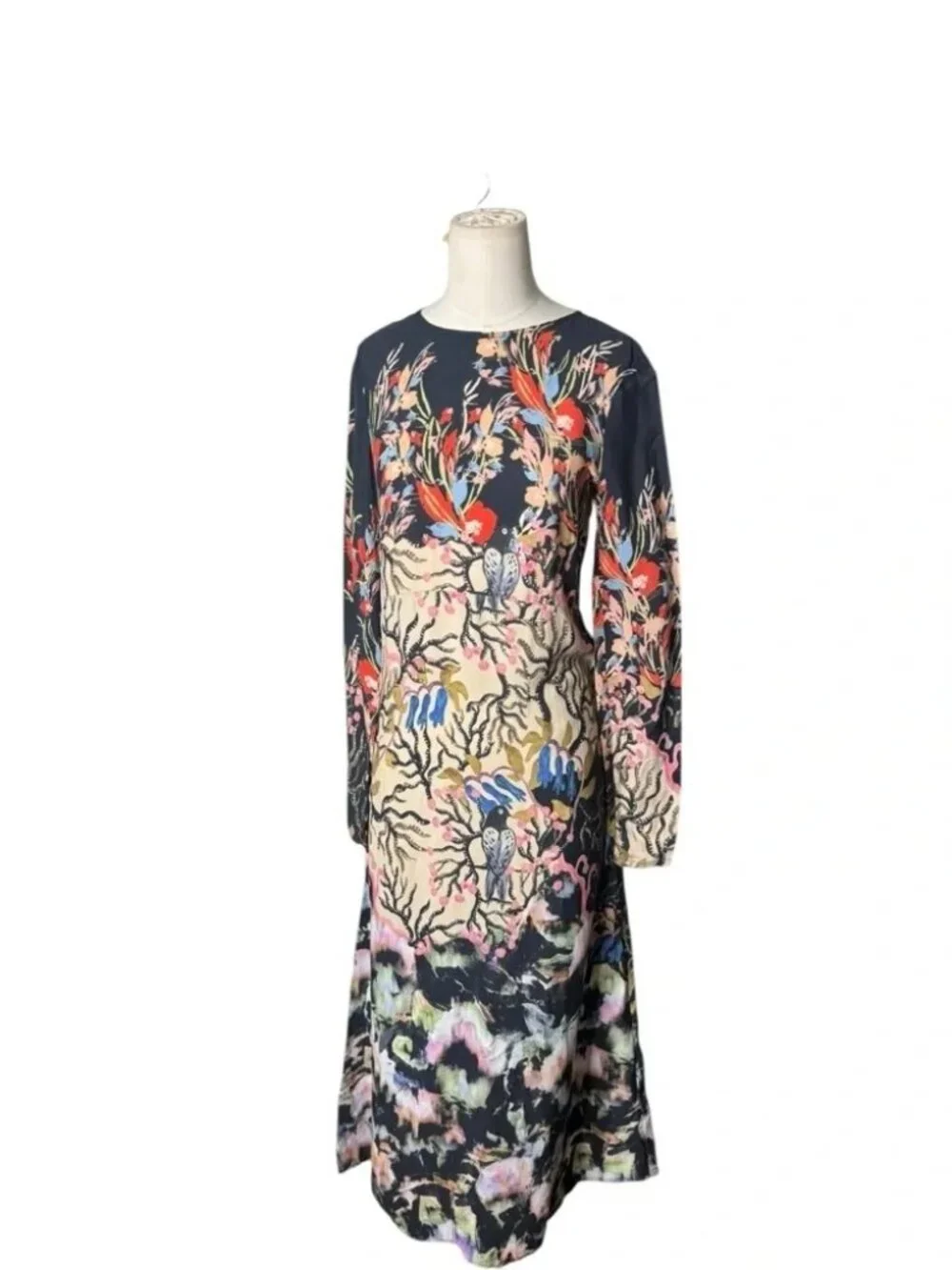 H&M Long Sleeve Printed Midi Dress – Bold Artistic Floral Print – Elegant Sz 2 - Picture 6 of 8